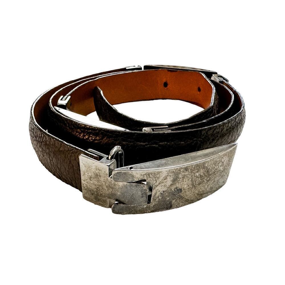 Joan Helpern Black Leather Belt Silver Buckles Size L
